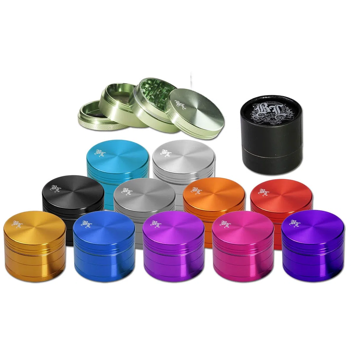 Black Leaf Kräuter-Mühle, Metall-Grinder, CNC-Grinder, ALU-Grinder | 4-teilig | 37 x 50 mm | Diamantschliff-Zähne | Aluminium, CNC-gefräst, grau/titan | mit Geschenkdose | von bong-discount