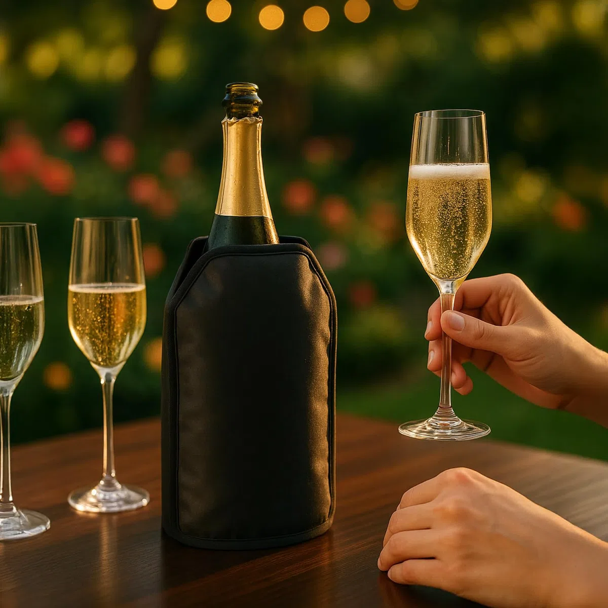 2x Flaschenkühler für unterwegs - Sektkühler Manschette mit Gummiband - Kühlmanschette für Sekt, Wein, Bier und Softdrinks (Schwarz - 2 Stück)