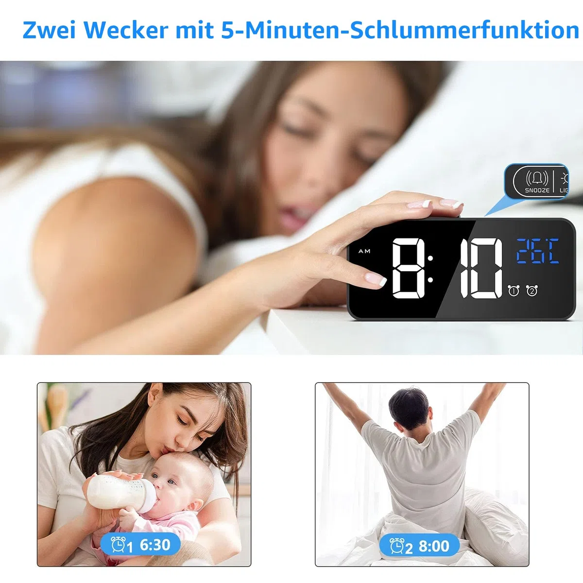 CHEREEKI Digitaler Wecker, LED Digitaluhr mit Temperaturanzeige Tragbarer Spiegelalarm Tischuhr mit 2 Alarmen 10 Alarmtöne USB Wiederaufladbar 4 Helligkeit und Lautstärke Regelbar, 12/24 Stunden
