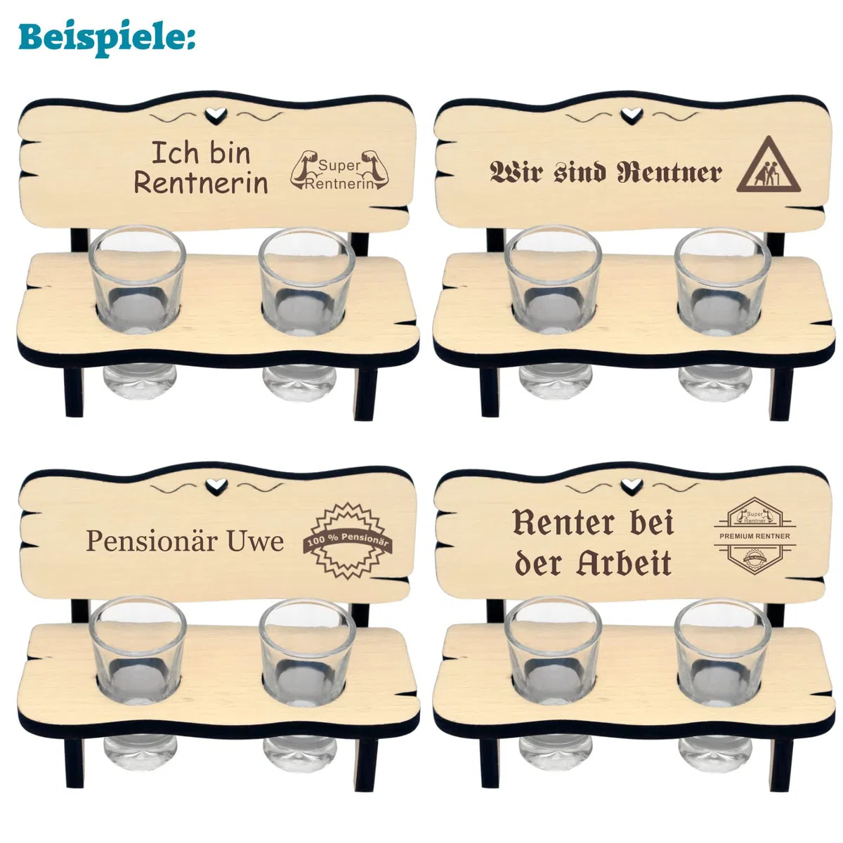 Geschenk zur Rente - die originelle Schnapsbank für Rentner mit Gravur - 2 oder 4 Gläser - Rentnerbank als Rentnergeschenk für Mann und Frau im Ruhestand, Pensionierung, Lebensabend