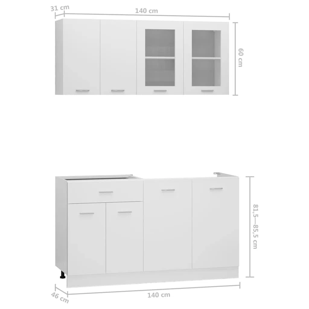 4-TLG. Küchenzeile Lyon Weiß Holzwerkstoff Sideboard Breit Küchenschrank mit Arbeitsplatte