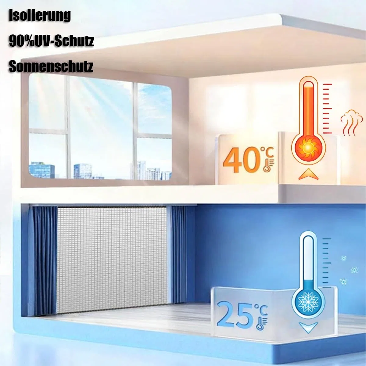 Aluminisierte Wärmeisolierung Isolierfolie für Fenster, 99% Sonnenschutzfolie Rückstandslose Doppelte Verdunkelungs Fenster Folie mit Saugnapf für Dachfenster Mieter Altbau(Silvery 95x110cm)