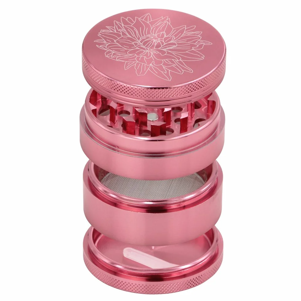 DCOU Premium Aluminium Grinder Crusher mit Blumen auf dem Deckel Magnetisch Ø55mm Metall Spices Grinder 4 Teilig