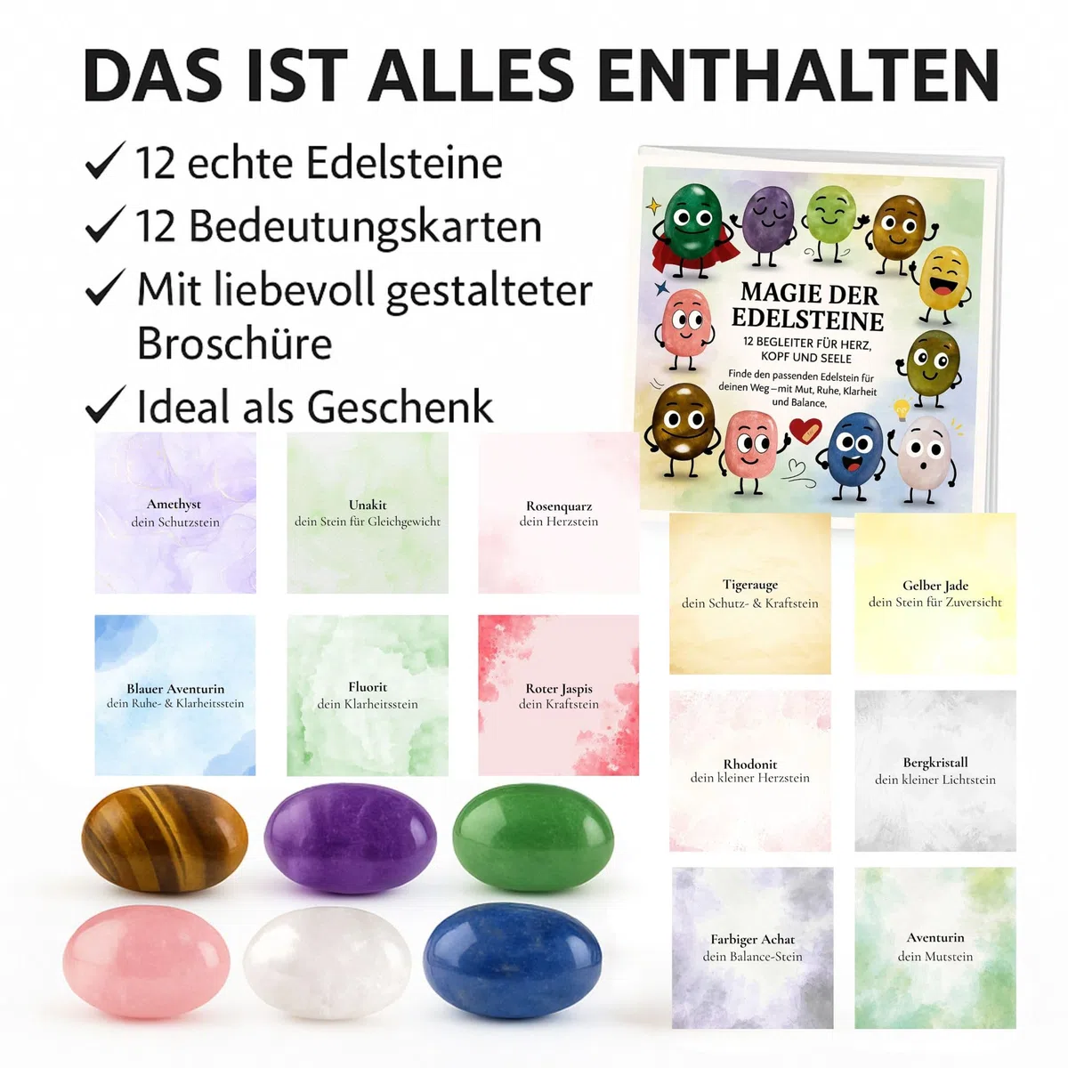 Milaboo Magie der Edelsteine – 12x Glückssteine mit Bedeutung & Karte im Organzasäckchen – Dekoratives Geschenkset mit Broschüre – Mutstein & Schutzstein