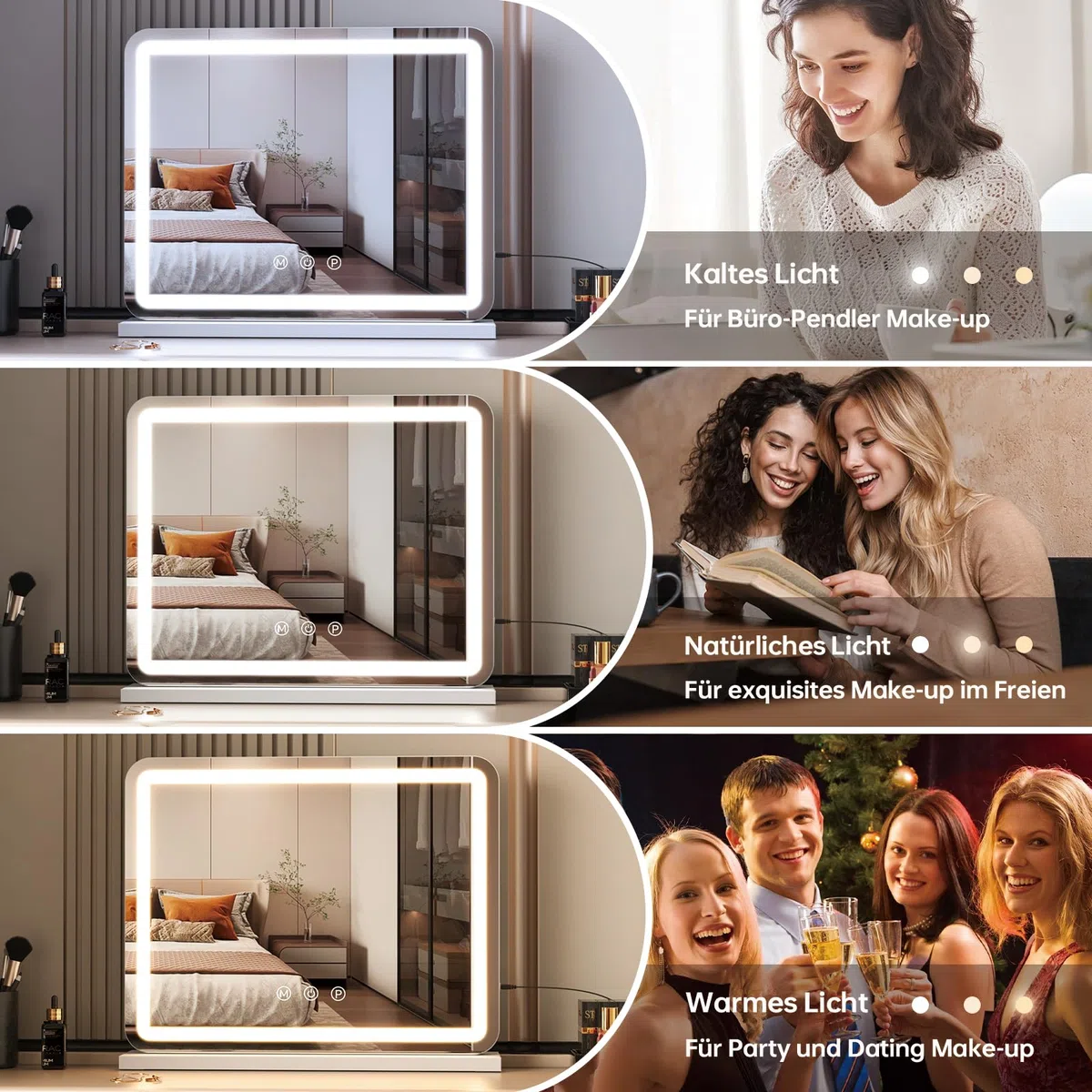 ZL ZELing Kosmetikspiegel mit Lichtern, 58,4 cm großer Make-up-Spiegel mit LED-Lichtern, Smart Touch, dimmbares 3-farbiges Licht, Memory-Funktion, USB-Ladeanschluss und Lupe