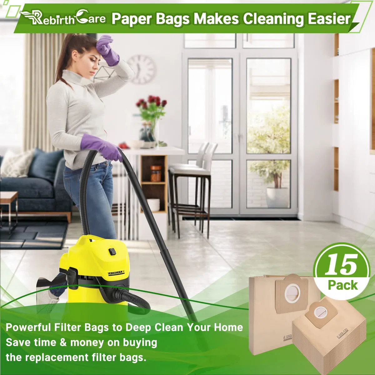 Rebirthcare 15 Stück WD3 Staubsaugerbeutel für Karcher 6.959-130.0 Papier Filtertüten Beutel 1629 MV3 A2201/2204/2504/2554/2251/2604 Filterbeutel Staubsaugertüten Staubbeutel Paperbags