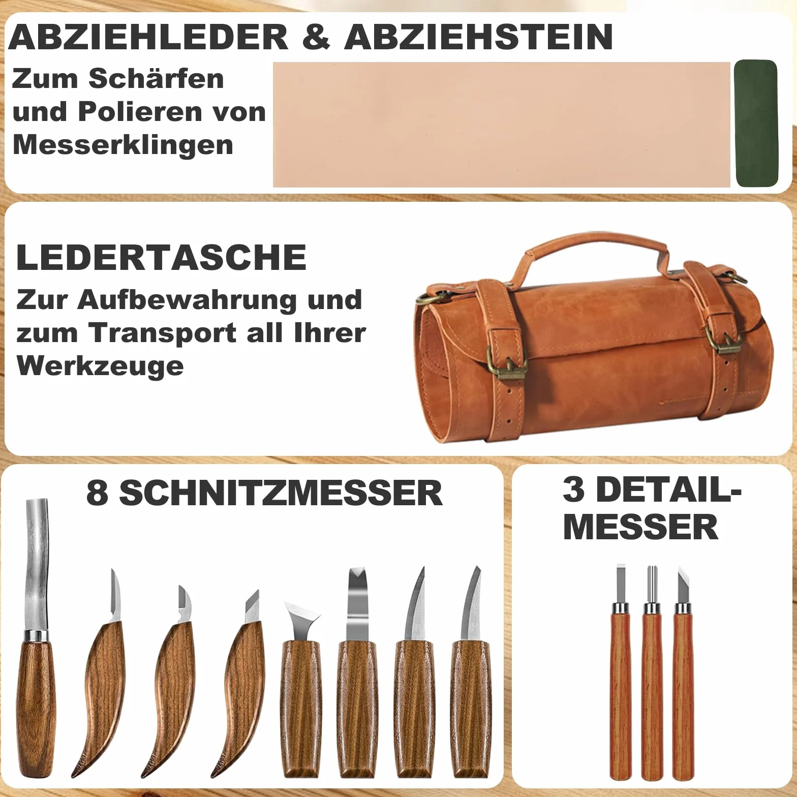Holzschnitzset, 14-teiliges Holzschnitzwerkzeug mit Aufbewahrungstasche aus Leder, mit 8 Schnitzmessern & 3 Detailschnitzmessern & Wetzstein & Abziehleder für Anfänger und Enthusiasten