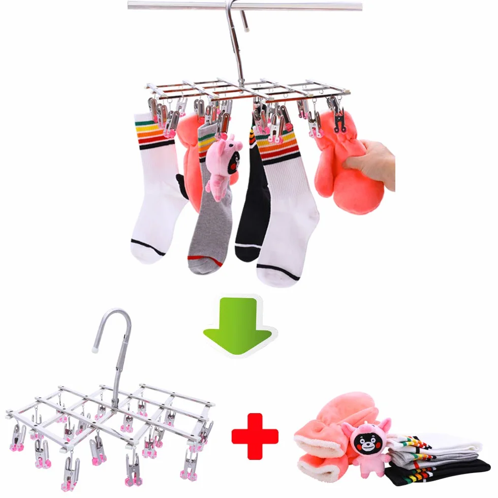 Drip Kleiderbügel,Edelstahl Trocknen Rack,Sockenaufhänger,Unterwäsche trockner,18 Wäscheklammern für Shorts wäsche,Faltbar,Winddicht,Sammle schnell Kleidung,grün
