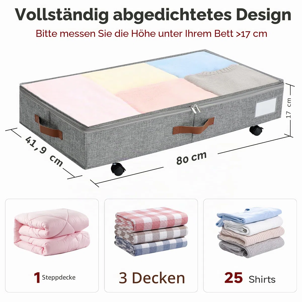 KitHreo Unterbettkommode mit Rollen, 2 Stück Unterbett-Aufbewahrungsbehälter, rollender Unterbett-Organizer, große Kapazität, einfache Montage, stabil, Schubladen unter dem Bett auf Rädern für (Grey)