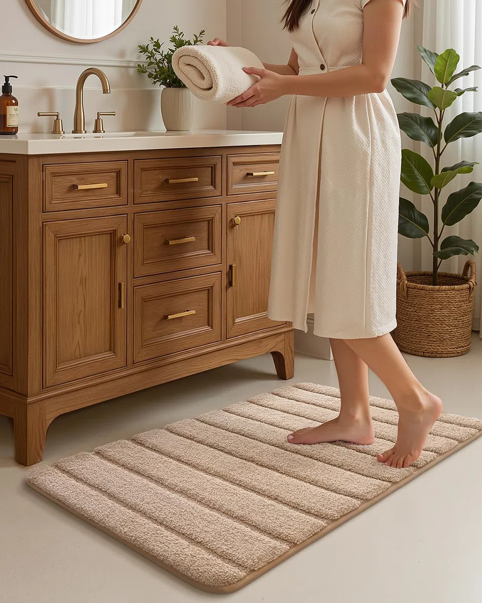 COLOR&GEOMETRY Beige Badteppich rutschfest Waschbar 61x110 cm, Absorbierende Badematten Für Badezimmerboden, Waschküche, Groß Badezimmerteppich Für Außendusche/wanne, Vor Dem Waschbecken