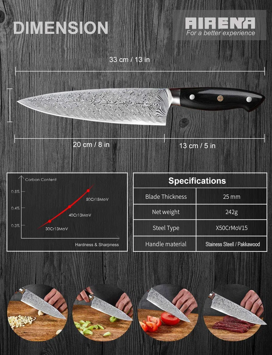 Kochmesser Profi Messer - Küchenmesser 20cm Kochmesser Kohlenstoffreicher Stahl - Extra Scharfe Messerklinge mit Ergonomischer Griff, Beste für Home Kitchen