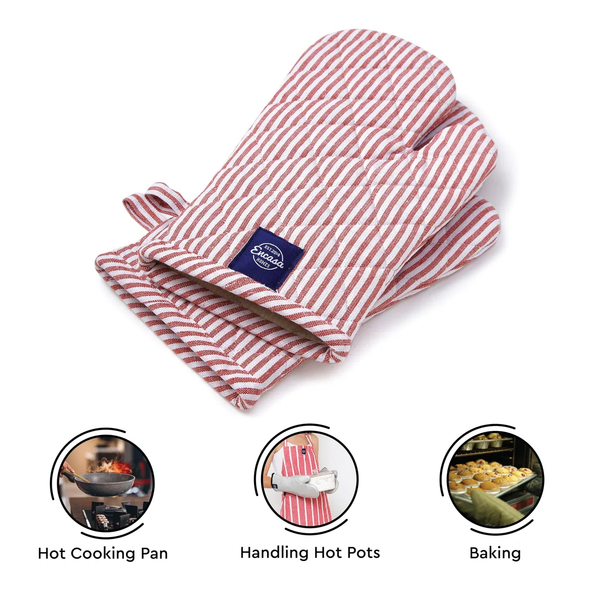 Encasa XO Long 18x30 cm Oven Microwave Hand Gloves Mitts (2 pc Set) for Kitchen Cooking & Baking - Heat Resistant, Thick & Safe, Protection of Hands from Hot Utensils, Grill - Ticking Red