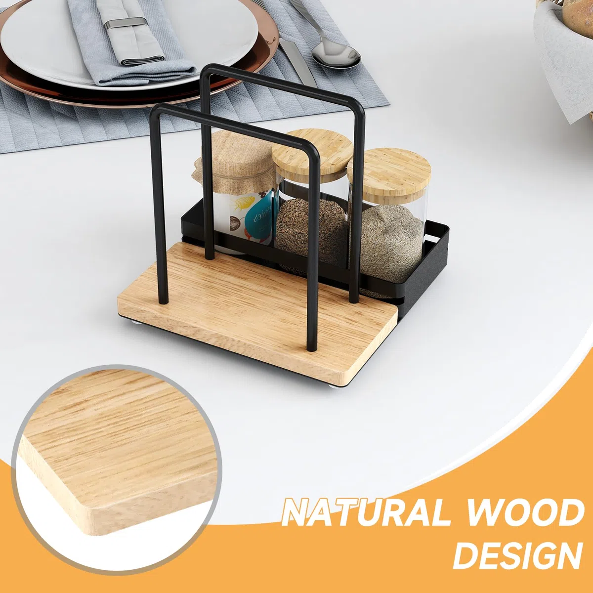 STWWO Serviettenhalter Schwarz,Serviettenhalter aus Metall & Holz Serviettenspender mit Caddy für Tisch Küchenzubehör Servietten Halterung zum Dekorieren