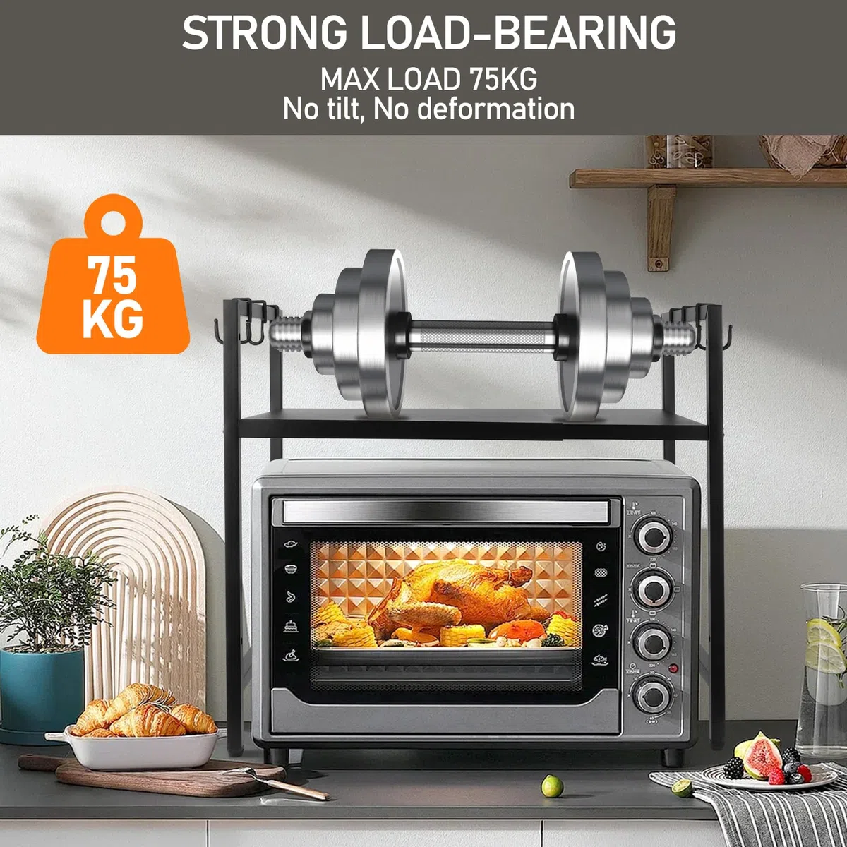 MXTIMWAN 2-stufiges Erweiterbares Mikrowellen Regal, Stehend Mikrowellenregal, Mikrowellenregal mit 6 Hängenden Haken, Stufiges Küchenregal, 40-64cm, Schwarz