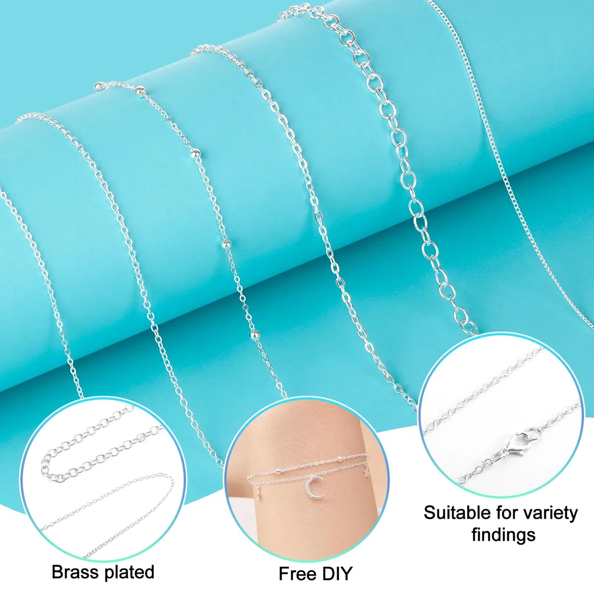 Draupnir 14m 6 Rollen Gliederkette Silber, Schmuckketten zum Basteln, Gliederkette Meterware, Halskettenketten Zubehör mit Ringen und Karabinerverschlüssen und U Ringen für Schmuck Diy Herstellung