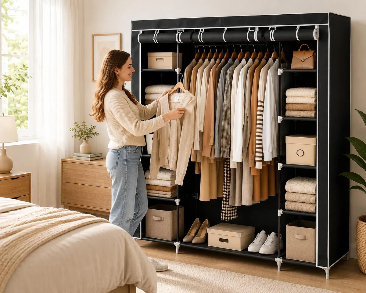 Stoffschrank (XXL)| Faltbarer kleiderschrank mit Kleiderstange und 11 Einlegeböden | schwarzer Kleiderschrank mit aufrollbarer Reißverschlusstür und vielen Montagemöglichkeiten