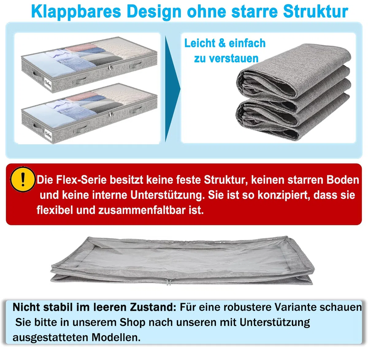 Unterbett Aufbewahrungsbox 2 Stück Unterbettkommode und klarem Deckel, 10cm hoch Kleideraufbewahrung & Organisation aus langlebigem Material, ohne feste Struktur, 4 Griffen & 2 Reißverschluss, Faltbar
