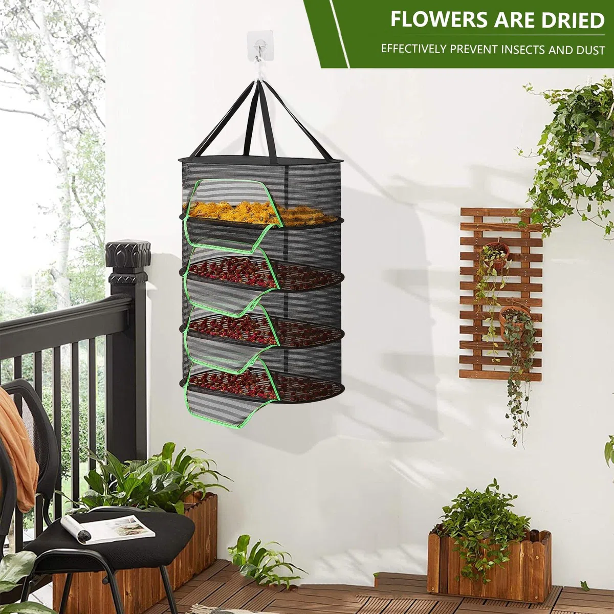 dellyy Frockennetz Kräuter 4-Lagiges, Kräutertrockner Hängend, Klappbar Trocknen Netz, Aufhängen Trockennetze Zum, Klappbar Trocknungsnetz, Aufhängen Trockengestell, Drying Net Blumen, Früchte (BK)