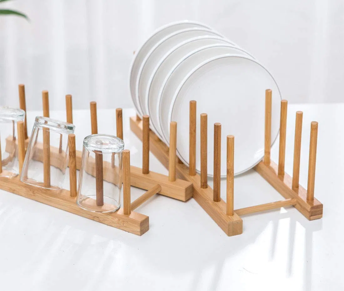 Lawei 4 Stück Bambus Abtropfgestell Bamboo Tellerständer Bambusregal Küche Holz Abtropfbrett Abtropffläche Lagerung Inhaber Platzsparend Küchenschrank-Organizer für Schüssel Tasse Schneidebret Buch