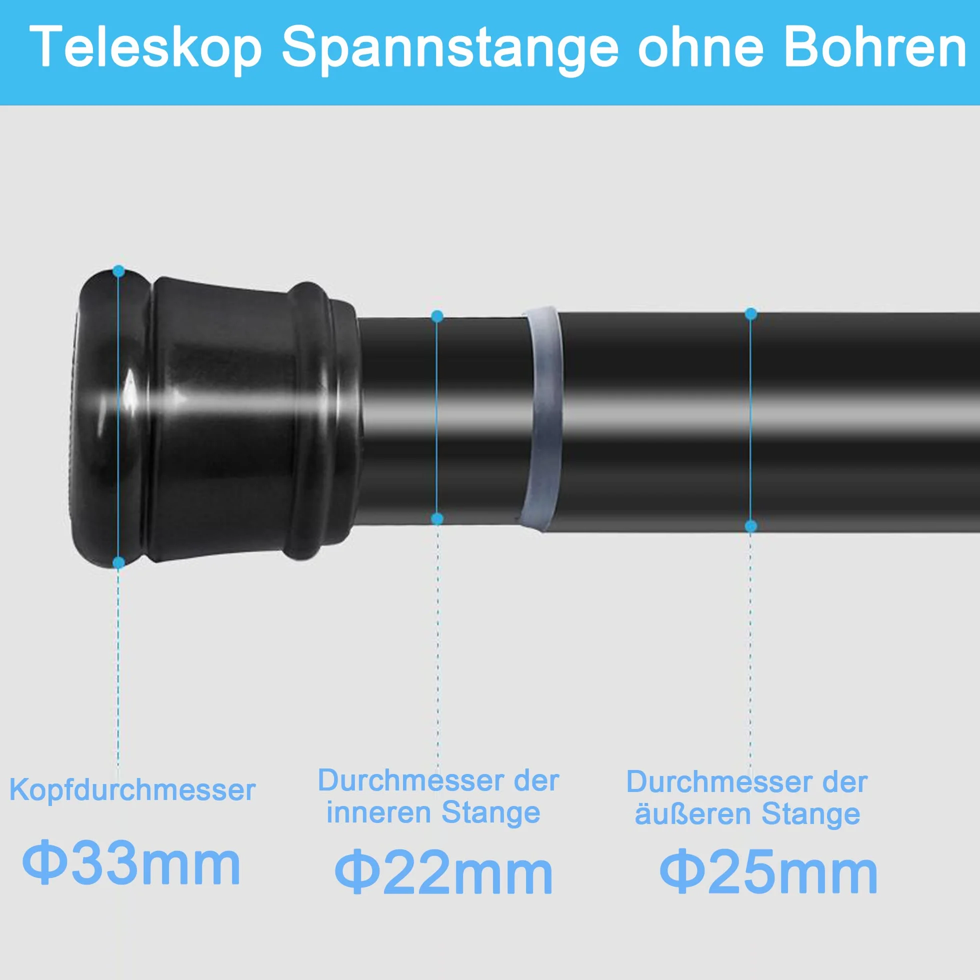 1Stück Vorhangstange Ohne Bohren Spannstange Teleskopstange Vorhang für Badezimmer, Fenster, Kleiderschrank 83-160CM Schwarz(Durchmesser 25mm)