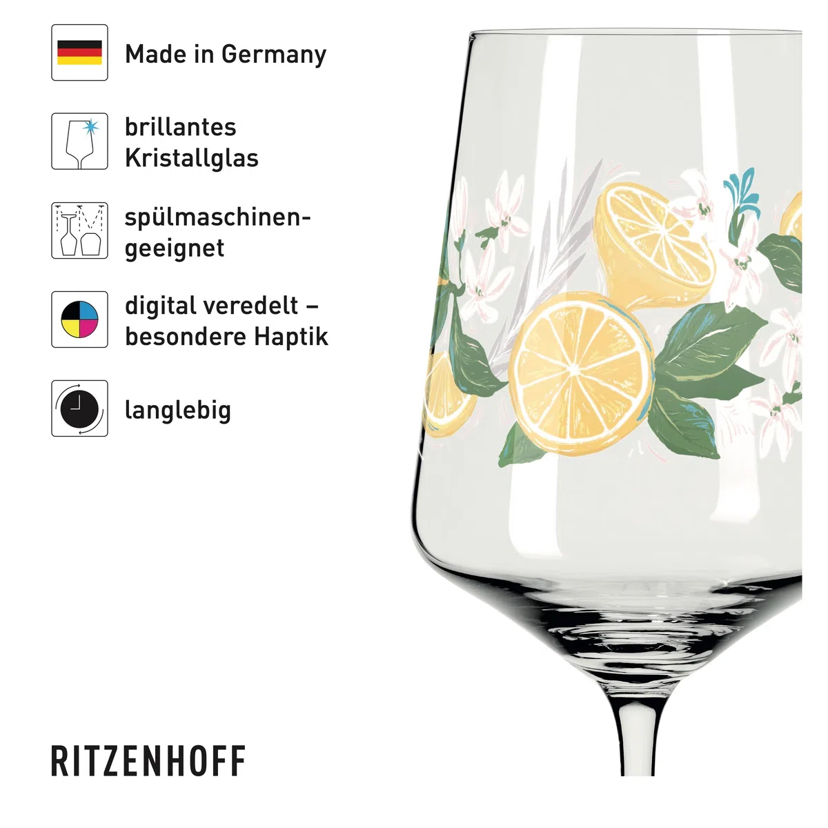 RITZENHOFF 6041006 Limoncello-Glas 500 ml - 2er-Set - Serie Sommertau - 2 Stück für Aperitif, Zitronen-Motiv bunt- Made in Germany