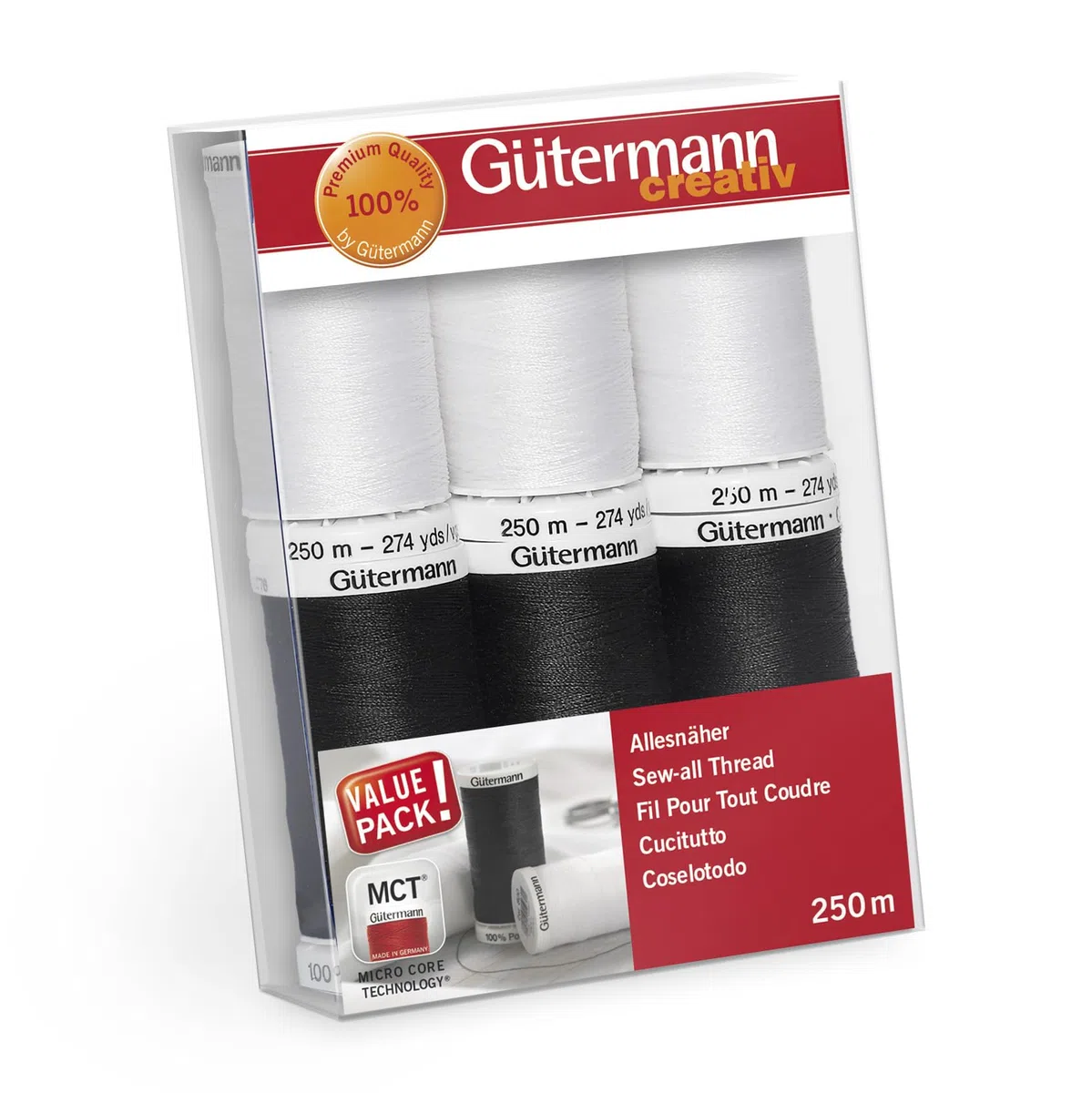 Gütermann creativ Nähfaden-Set mit 6 Spulen Allesnäher 250 m in Schwarz und Weiß 734000-6