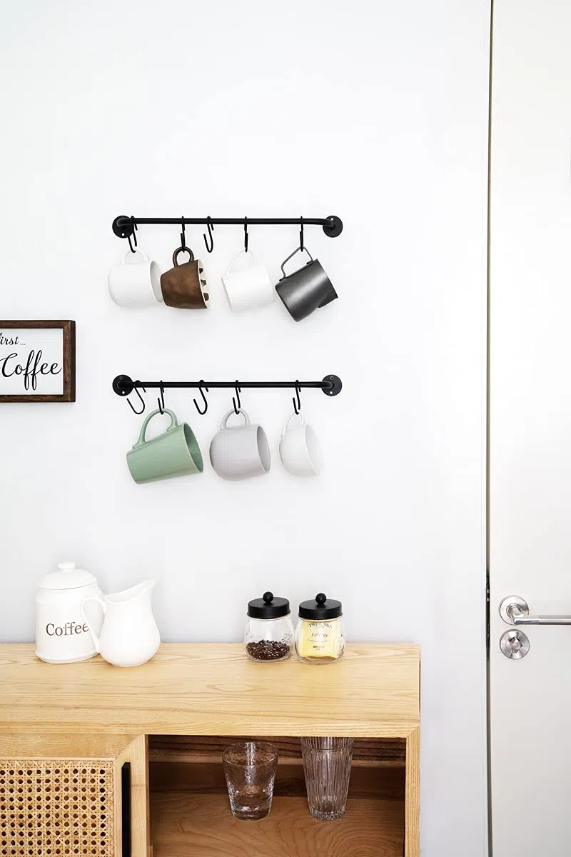 Mkono Becherhalter, Wandmontage, Kaffeetassenregal, Aufhänger, modernes Metall-Wandregal mit 10 Tassenhaken, rustikale Utensilien, Teetassen, Aufbewahrungs-Organizer für Küche, Esszimmer, Café, Bar