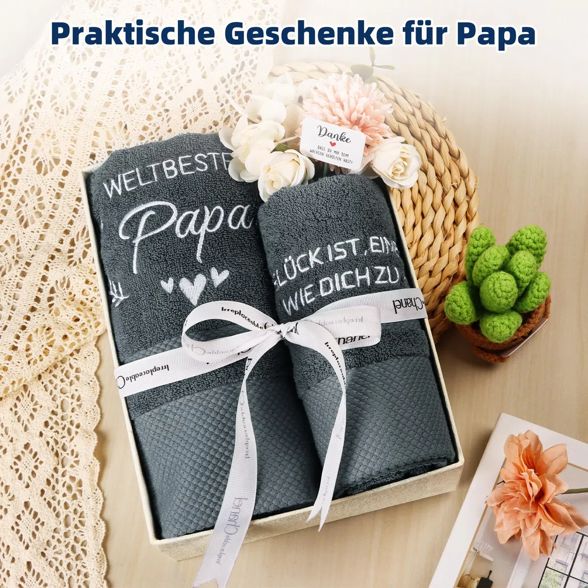 Giftota Papa Geschenk 2 teilig Handtuch Set 100% Baumwolle Bestickt Handtücher Grau, Geschenke für Papa zum Geburtstag Vatertag - Badehandtuch 50 x 100 cm + Handtuch 35 x 75 cm