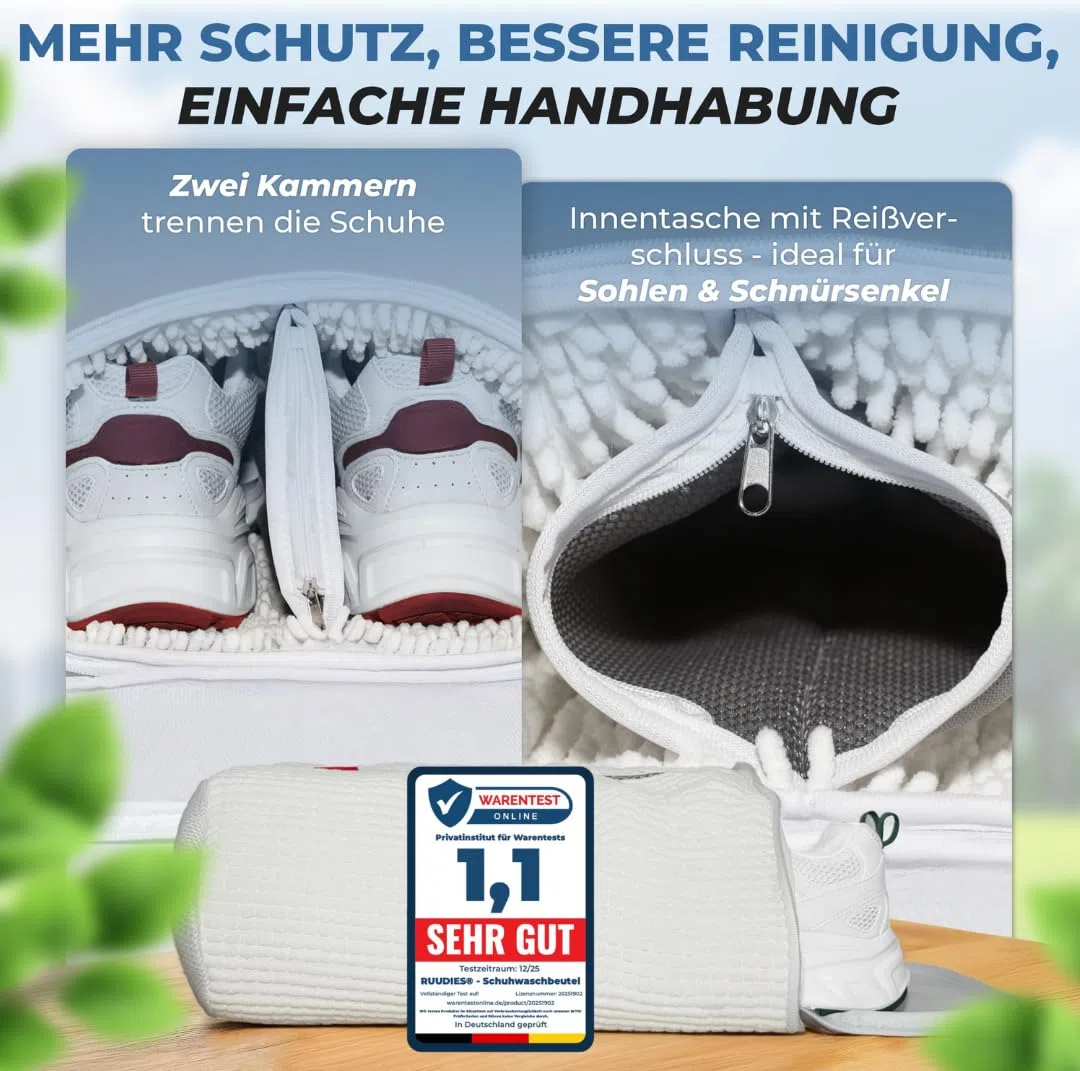 Premium Schuhwaschbeutel für Waschmaschine – Sneaker Waschbeutel mit Trennwand-Technologie & Extra Fach für Einlegesohlen und Schnürsenkel – schützt Schuhe & Trommel, robust und abfärbefrei