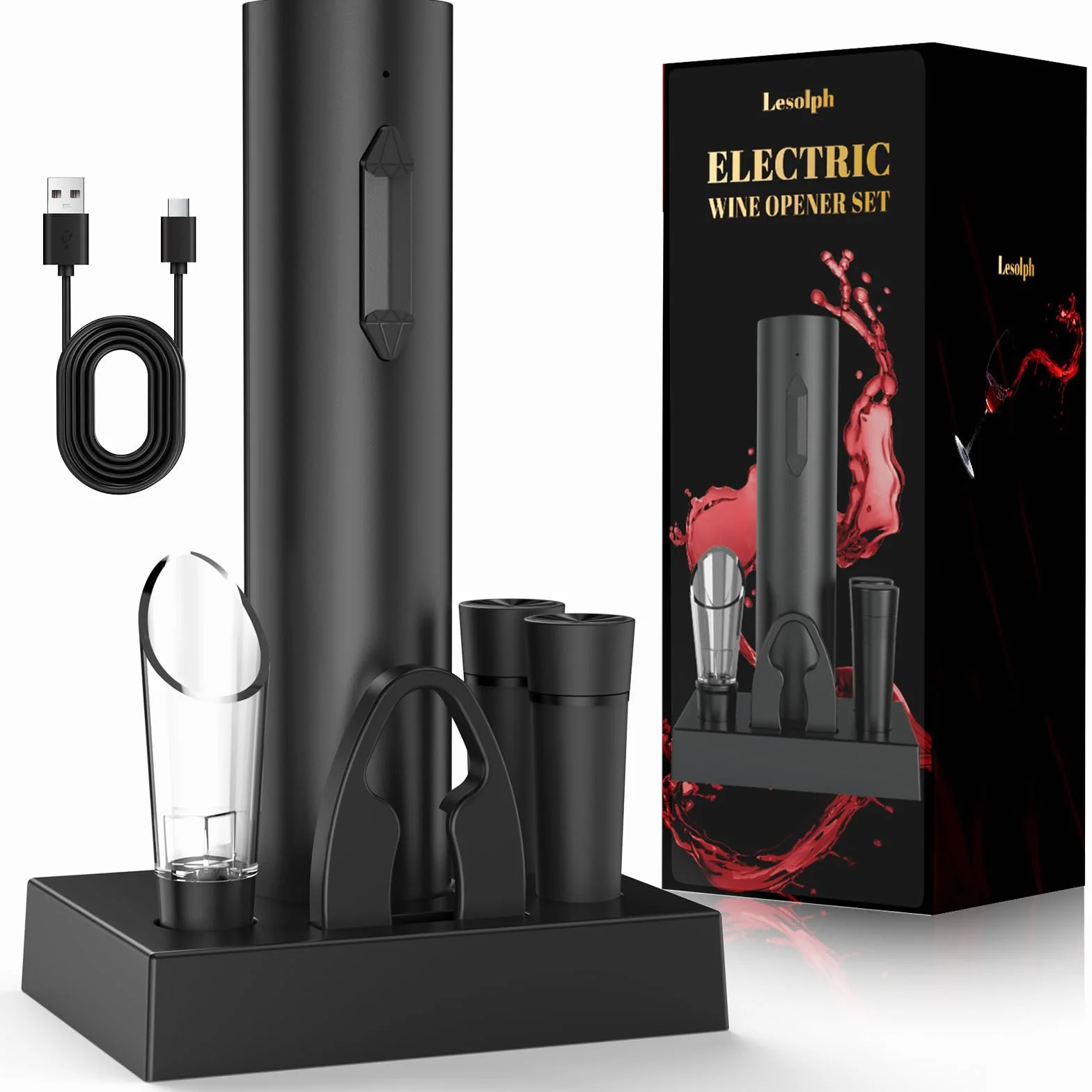 Elektrischer Korkenzieher Wein, Wiederaufladbarer Elektrischer Weinöffner Geschenk Set mit Flaschenöffner, Aufbewahrungsbasis, Weinausgießer, 2 Wein Vakuumpumpe, Kapselschneider und USB-Kabel