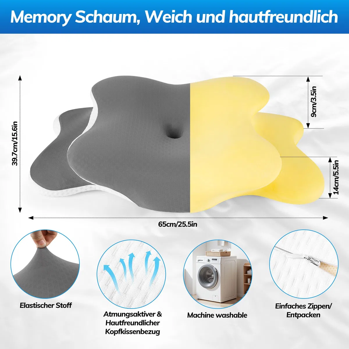 Orthopädisches Kissen, Memory Foam Kissen, Ergonomisches Kopfkissen Vermindert Nackenschmerzen, Kopfschmerzen Nackenstützkissen für Seiten, Rücken & Bauchschläfer Atmungsaktiv & Waschbar