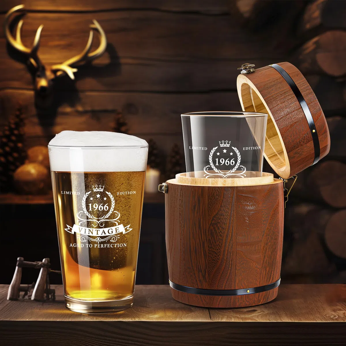 LIGHTEN LIFE Geschenke zum 60. Geburtstag für Männer 450 ml, 1966-Bierglas in Fassbox, Geschenkideen zum 60. Geburtstag,1966-60.-Bierglas für 60 Jahre alten Vater,Ehemann