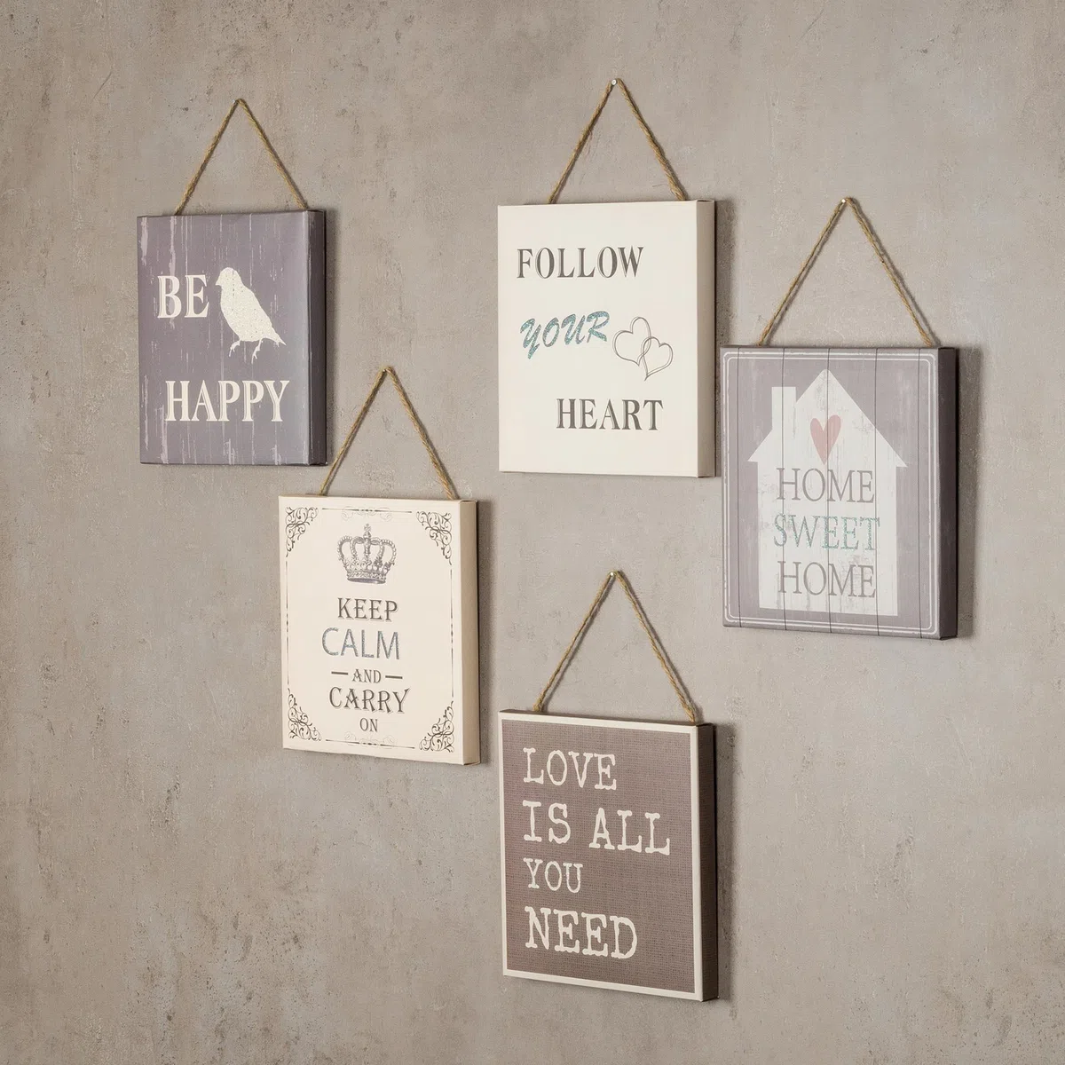 levandeo 5er Set Wandbilder 20x20cm Motivationsbilder Shabby Chic Vintage Home Deko Sprüche Wanddeko Kordel Glitzer