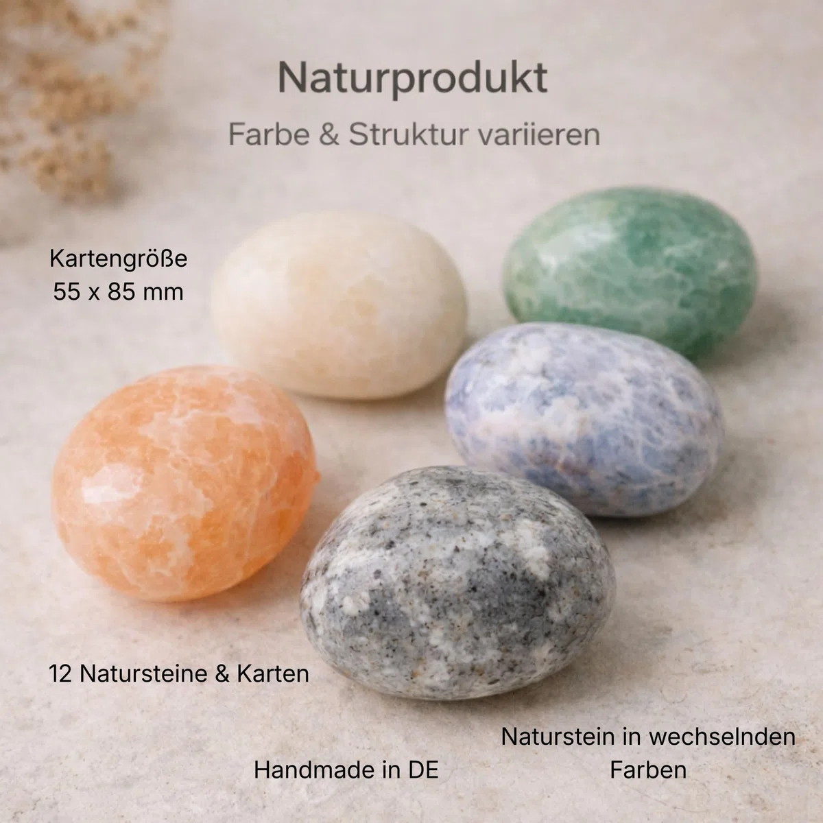 Milaboo 12er Set Glückssteine mit Karte – Einzeln verpackte Natursteine als dekorative Geschenkidee – Glücksbringer & Mitbringsel für besondere Anlässe (Mutstein)