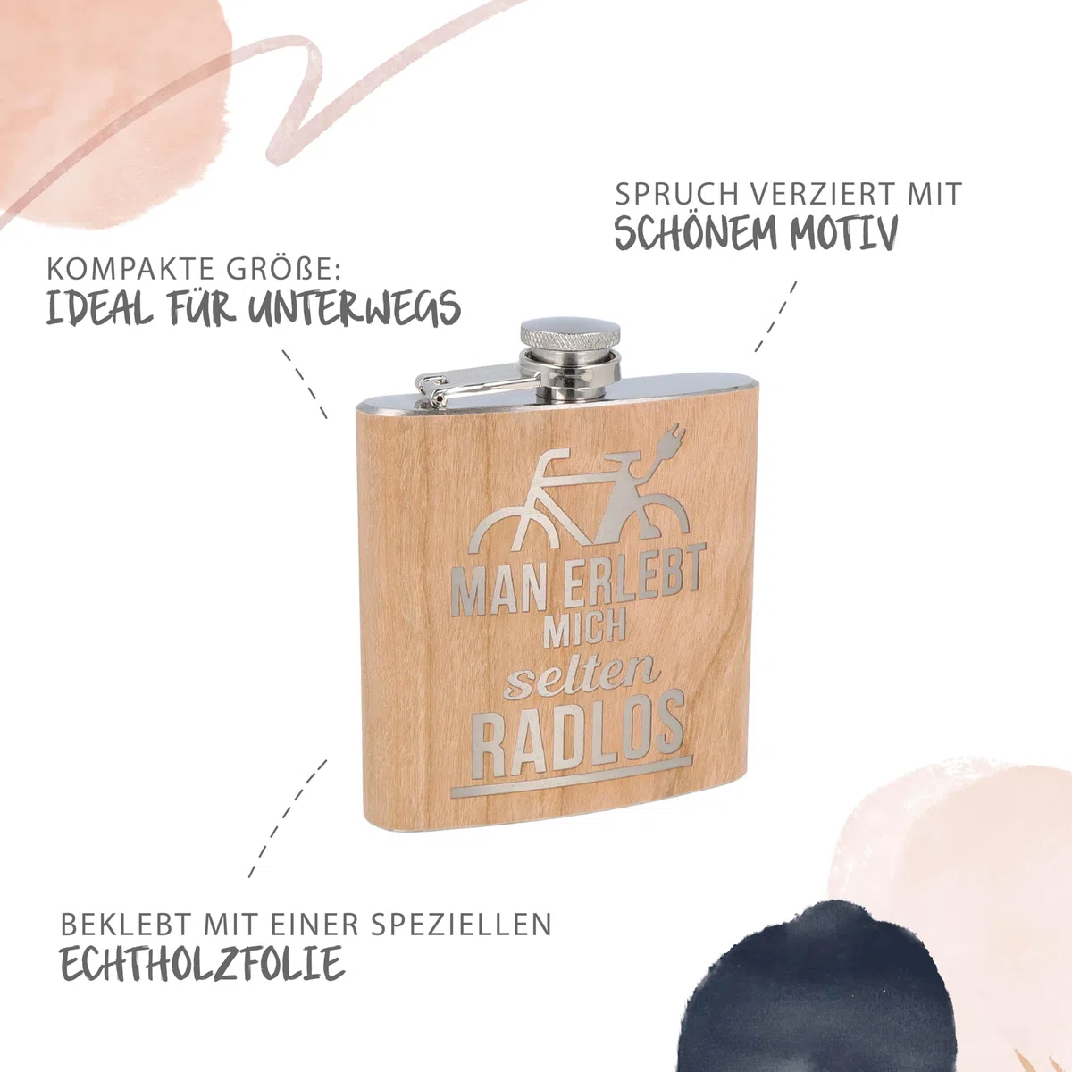 Spruchreif | Gravierter Edelstahl Flachmann | Holz Flachmann mit Gravur Fahrrad | Alkohol Flachmann | Outdoor Geschenk | Geschenk E-Bike | Geschenk für Radfahrer und Mountainbiker | E-Bike Geschenk