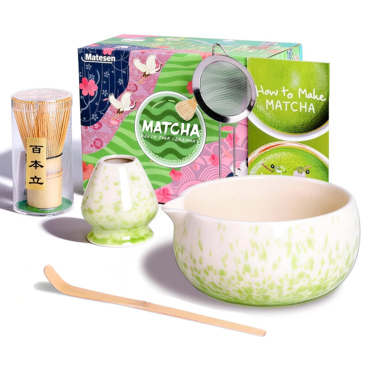 Matcha Set Beige Grün, 5-teiliges Matcha Besen Set,Premium Starter Set für Anfänger, Matcha Tee Set mit Sieb Chawan und Besen, Zubehör für das Matcha Tea Set Green/Rosa/Pink/Black