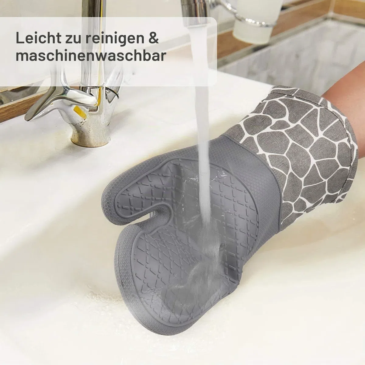 Ofenhandschuh, Topfhandschuhe Anti-Rutsch Hitzebeständige Silikon und Baumwolle 1 Paar und 2 Topflappen (Gray)