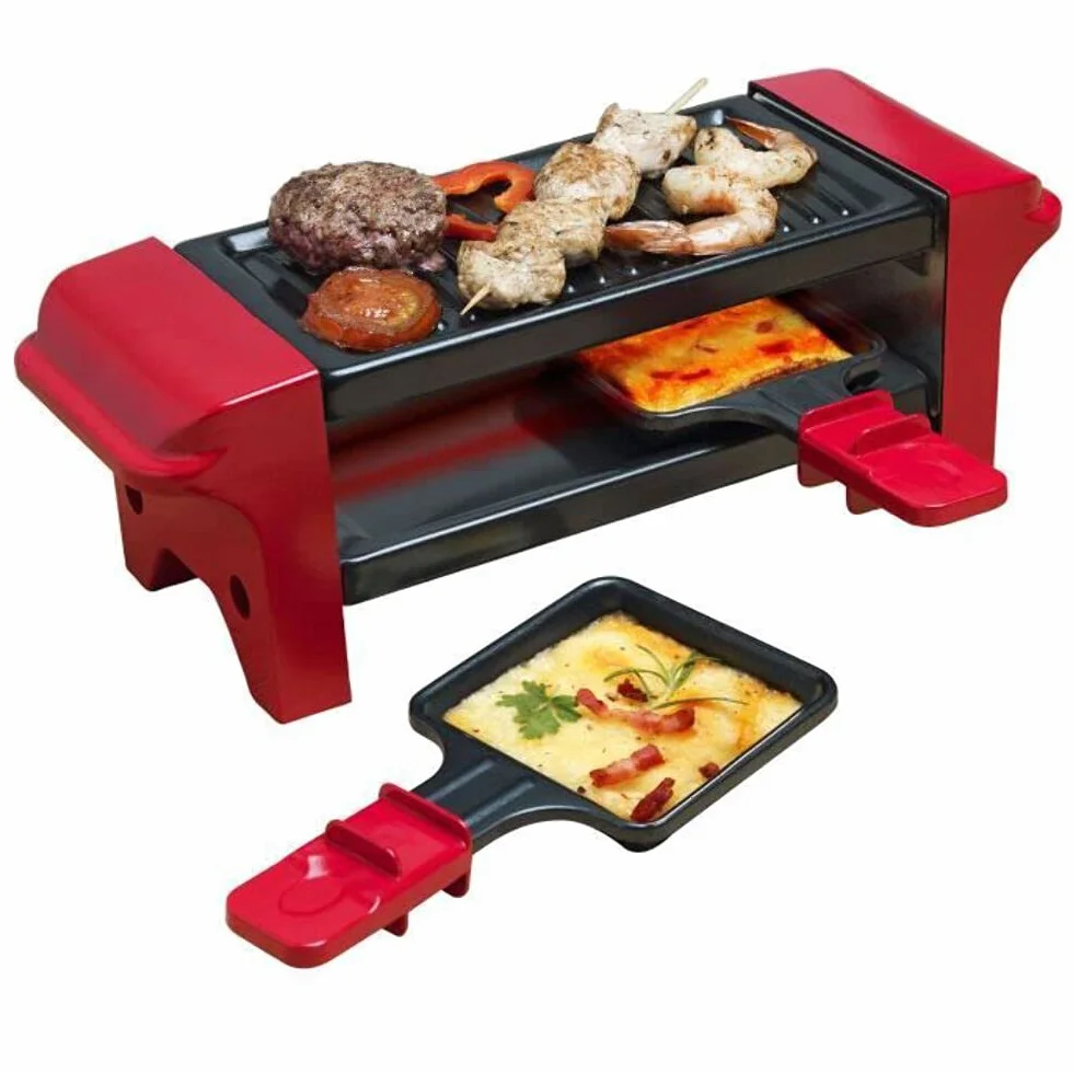 Bestron Raclette für 1 bis 2 Personen, Mini Tischgrill mit zwei Pfännchen und zwei Holzschabern, 350 Watt, Farbe: Rot/Schwarz