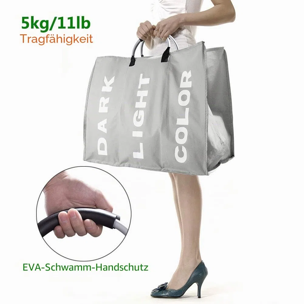 Wäschesortierer 3 Fächer, Faltbarer Wäschekorb Sortierer, Hell Dunkel Wäschesammler, 3 Fach Braun Kinderzimmer Kinder Baby Wäschebox, Wäschesack Wäschetasche Stoff Groß, 90L, 60×32×49cm, Grau