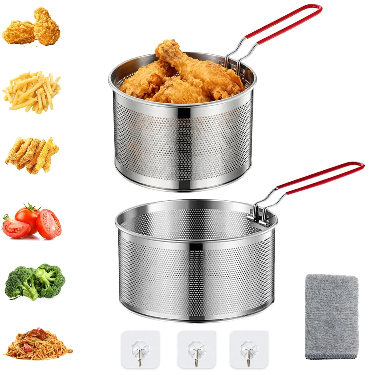 2er-Set Edelstahl Frittierkorb (18+20cm) mit abnehmbarem Griff – Vielseitig als Nudelsieb, Frittiersieb & Siebkorb für Pommes, Gemüse und Nudeln, platzsparend