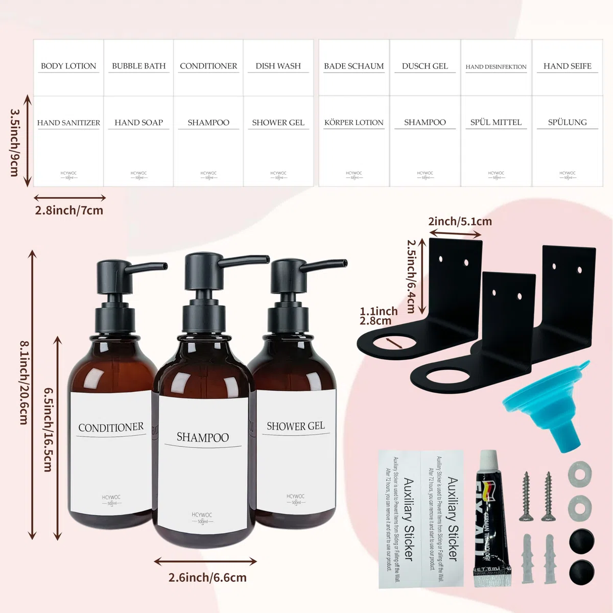 Seifenspender Wandbefestigung, Shampoo Flaschen Zum Befüllen Mit 16 Wasserdichten Etiketten, Spülmittelspender Ohne Bohren, Badezimmer Seifenspender Set, 500ml, 3 Stück, Bernsteinfarben