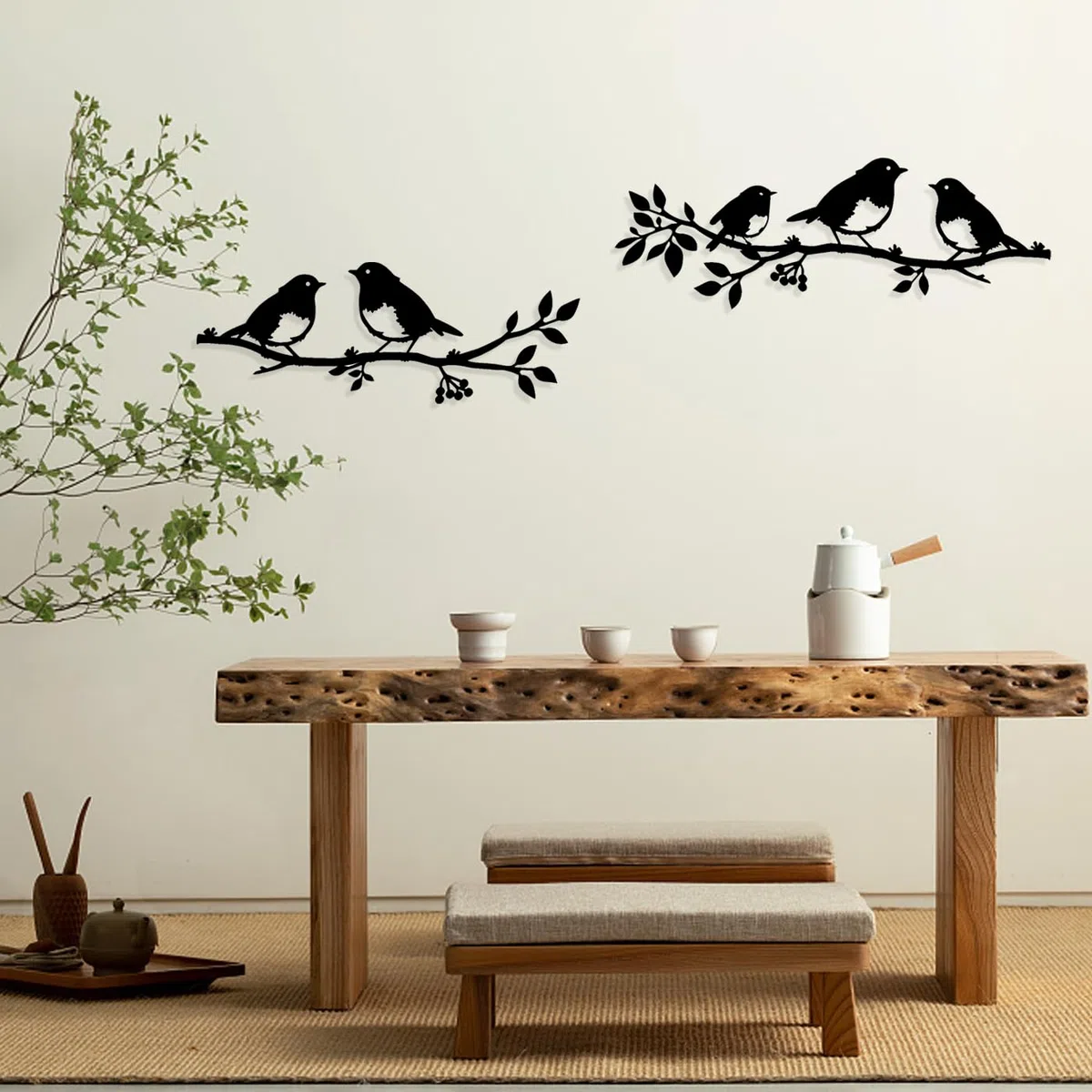 Pduoduo 2 Stück Metall-Vögel-Wandkunst mit hängenden Blättern | Metall Ornament Zweig, Wandhängende Zeichen, Für Balkon Indoor Outdoor, Dekoration