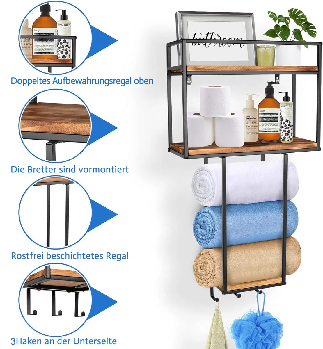 Handtuchregal zur Wandmontage mit 3 Haken–Große Kapazität, vielseitig einsetzbar, ideal für kleine Badezimmer, Hotel und Wellnessbereiche–Perfekte Handtuchaufbewahrung und Gästehandtuchhalter | Große Kapazität, Vielseitig einsetzbar, Ideal für kleine Bade