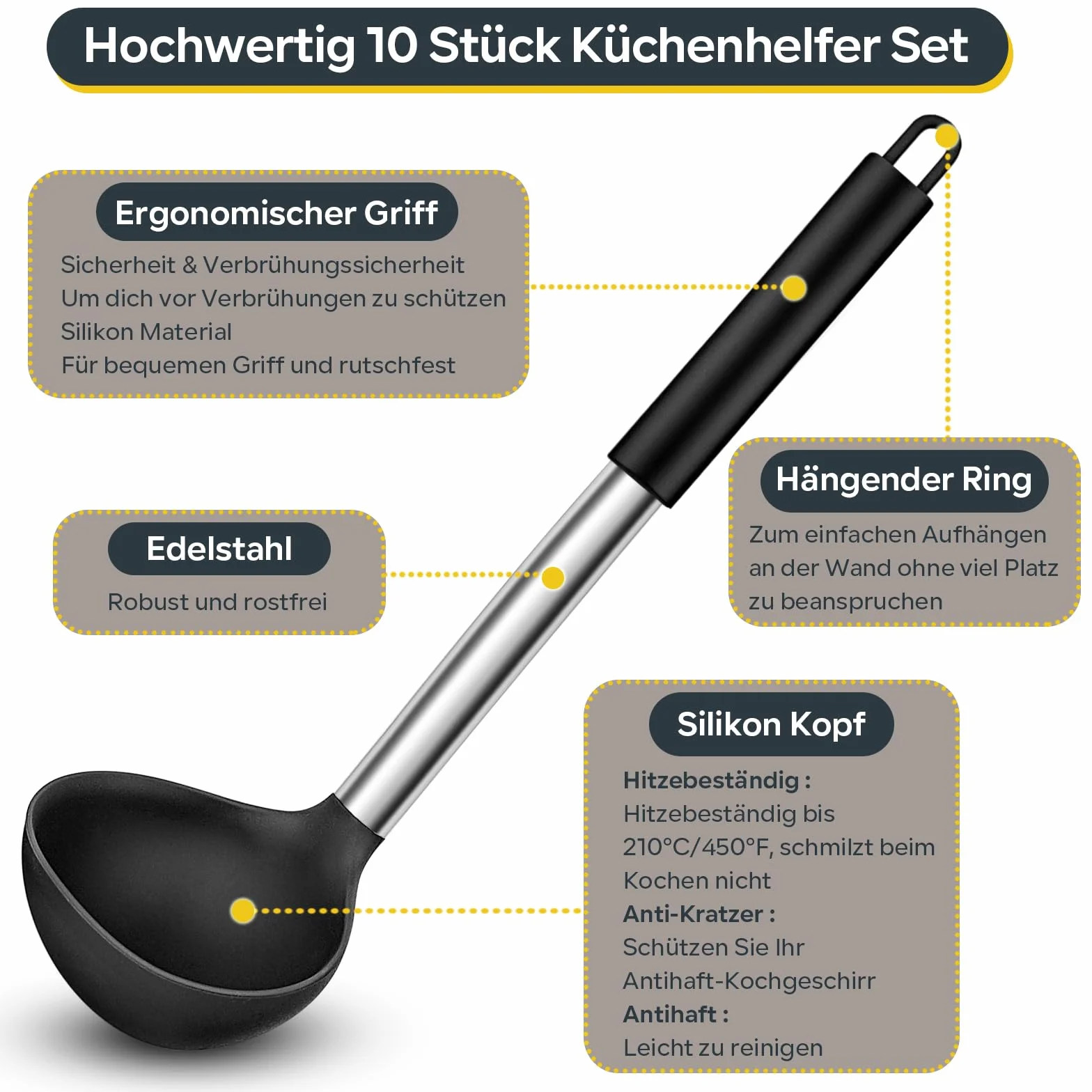 Küchenhelfer Set, Homikit 10 Stück Silikon Küchenutensilien Kochbesteck Set mit Edelstahlgriff, Antihaft Hitzebeständiger Schwarz Kochutensilien Set, Gesund, Spülmaschinenfest