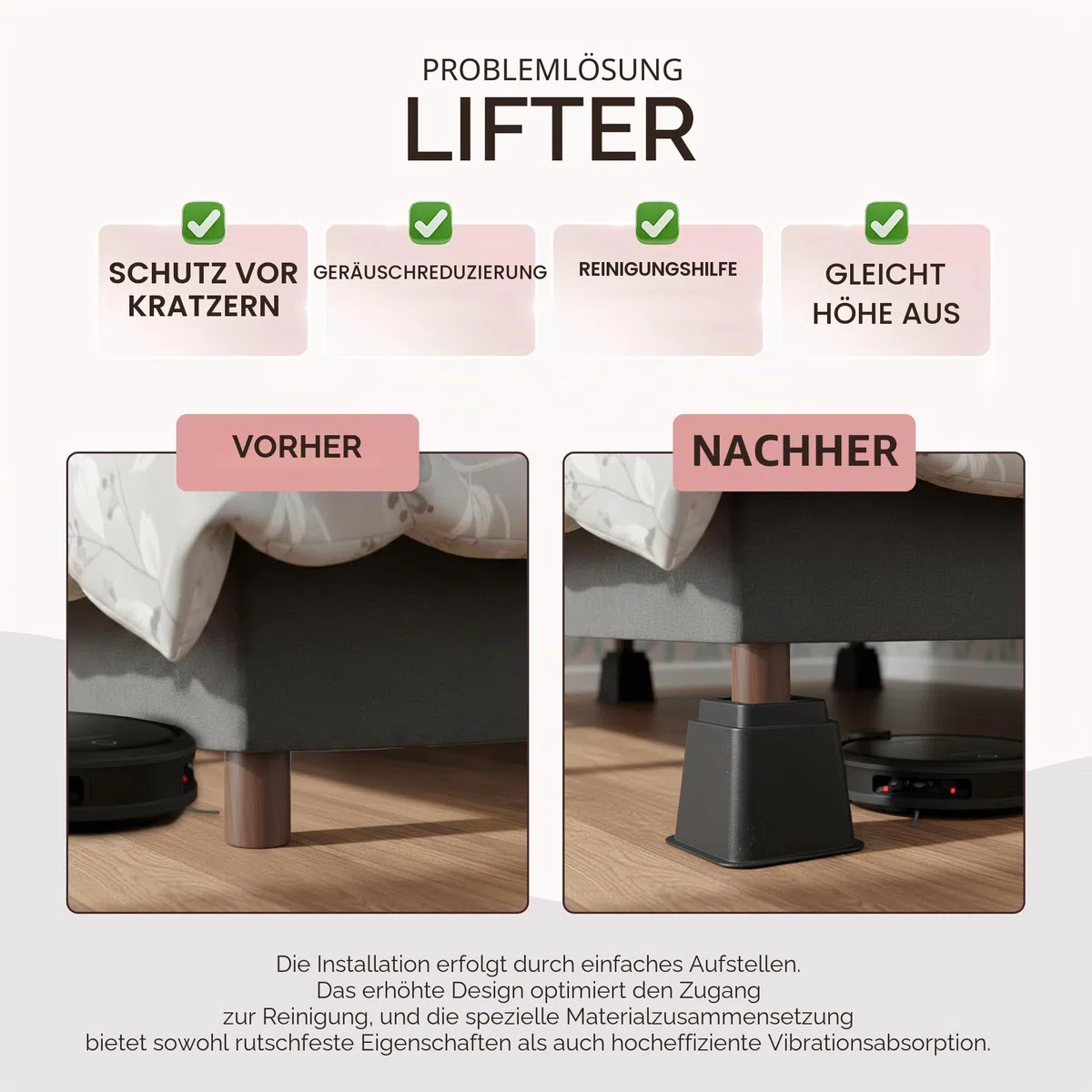 Utopia Bedding 8 Stück Hochwertige verstellbare Möbelerhöher (4 hoch und 4 kurz) - Starke platzsparende Steigleitung - Betthöher, Tischerhöher, Stuhlerhöher, Sofaerhöher (7 bis 20cm)- (Schwarz)