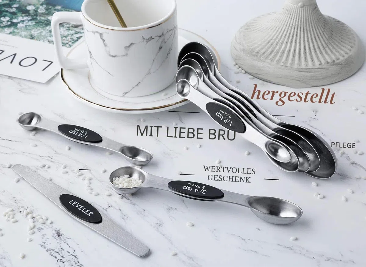 Magnetisches Messlöffel-Set aus Edelstahl, doppelseitiges Messlöffel-Set, ineinandergreifende Teelöffel, Esslöffel zum Abmessen von trockenen und flüssigen Zutaten, 8-teilig