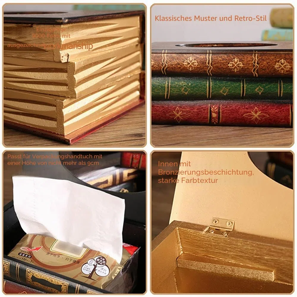 Kaxich Taschentuchbox, Box für Kosmetiktücher Antikes Buch Taschentuchspender Tücherbox Kosmetikbox für Zuhause Büro Auto