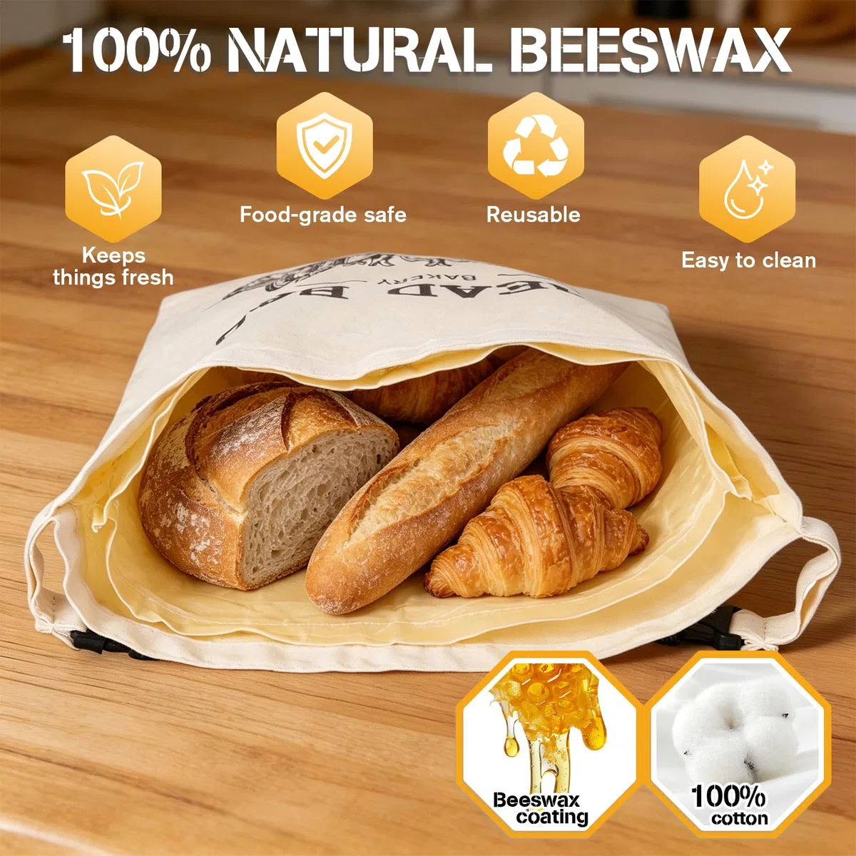 2 Stück Brotbeutel, Wiederverwendbare Bienenwachs Brotbeutel, Leinenbeutel für Sauerteig, Natürliche Bienenwachs-beschichtete Baumwoll-Aufbewahrungsbeutel für Brot, Obst und Gemüse (1)