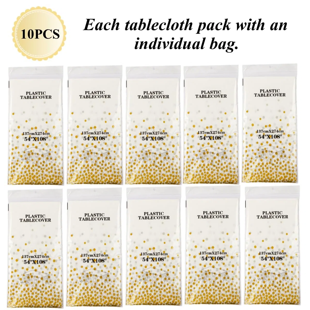 CEILIWEN 10 Packungen weiße und goldene Party-Tischdecken, Einweg-Tischdecken, Tischdecken, Tischdekoration für Party, 274 x 137 cm, Weiß Gold, 10 Packungen