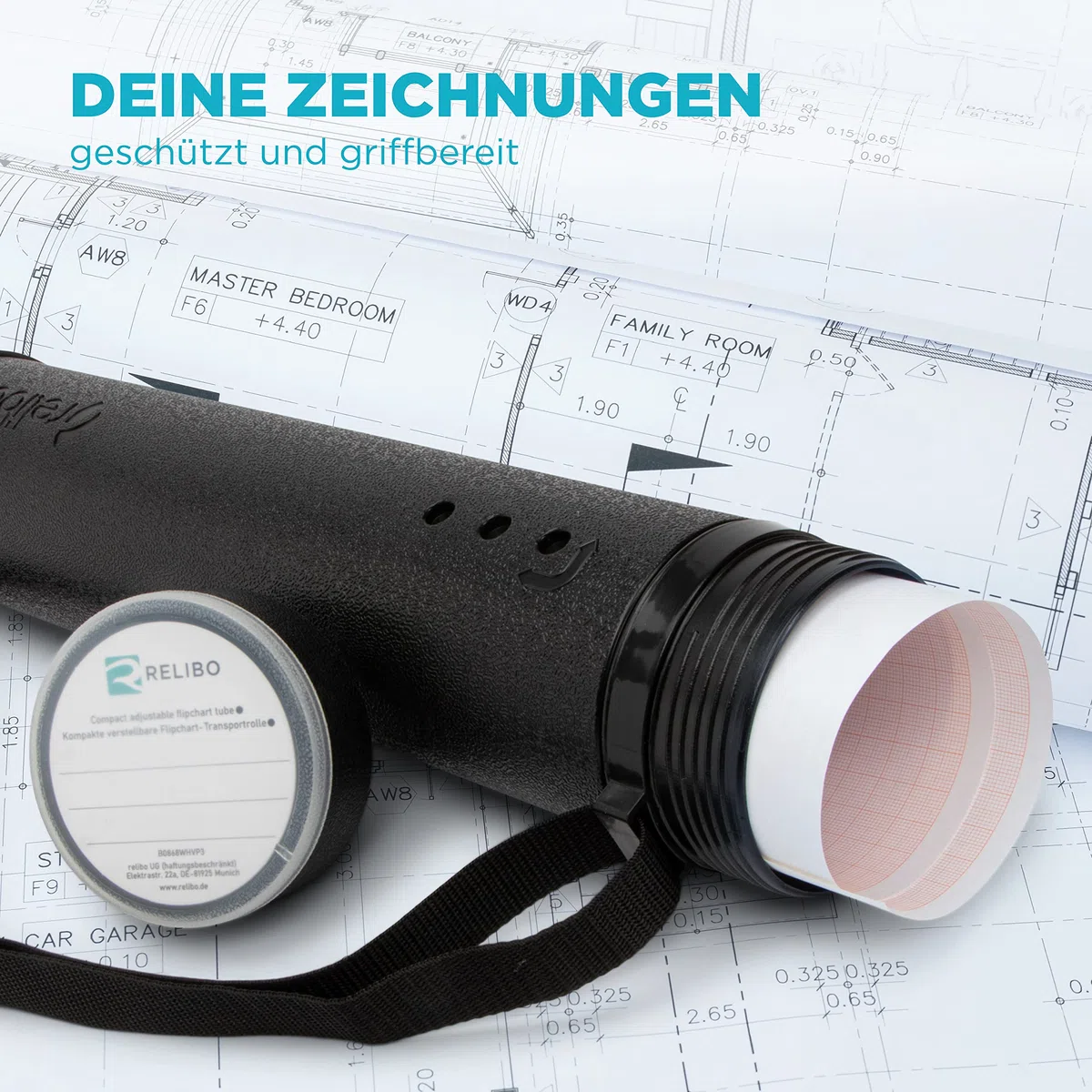 Transportrolle für Flipchart-Papier - Kompakte Posterrolle für Transport und Aufbewahrung, Für DIN A1 - A3 & Flipchart-Format | mit Tragegurt und Verstellbarer Länge | Schwarz